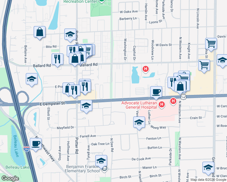 map of restaurants, bars, coffee shops, grocery stores, and more near 8807 Dee Road in Des Plaines