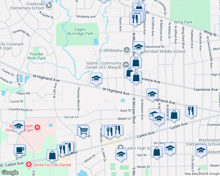 map of restaurants, bars, coffee shops, grocery stores, and more near 1540 West Highland Avenue in Elgin