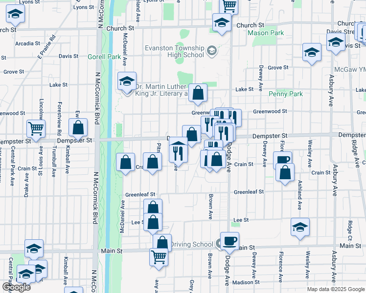 map of restaurants, bars, coffee shops, grocery stores, and more near 1285 Hartrey Avenue in Evanston
