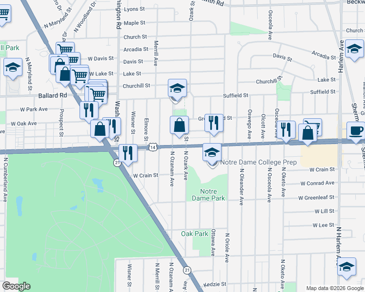 map of restaurants, bars, coffee shops, grocery stores, and more near 8803 North Ozanam Avenue in Niles