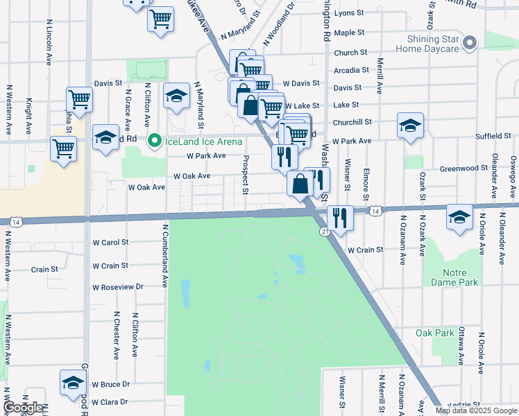 map of restaurants, bars, coffee shops, grocery stores, and more near 8120 Dempster Street in Niles