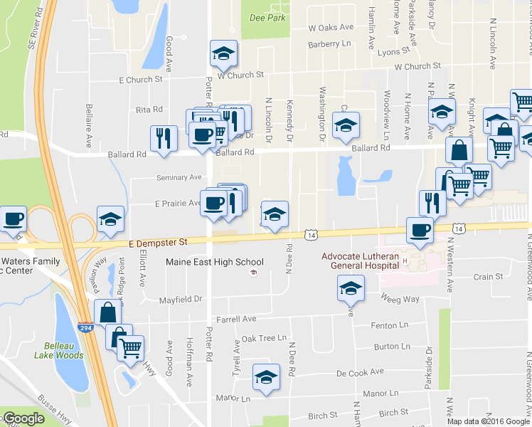 map of restaurants, bars, coffee shops, grocery stores, and more near 8810 Briar Court in Des Plaines