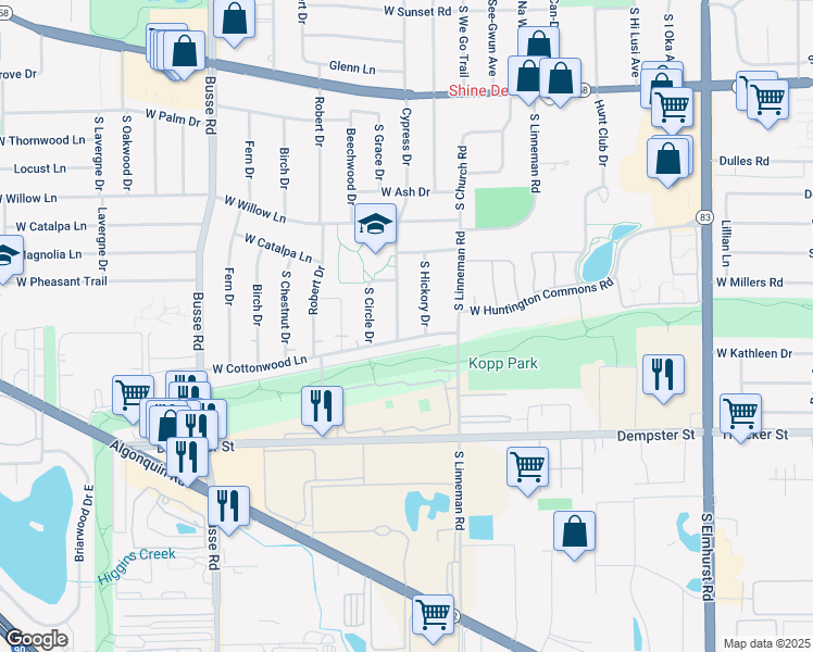 map of restaurants, bars, coffee shops, grocery stores, and more near 1421 Cypress Drive in Mount Prospect
