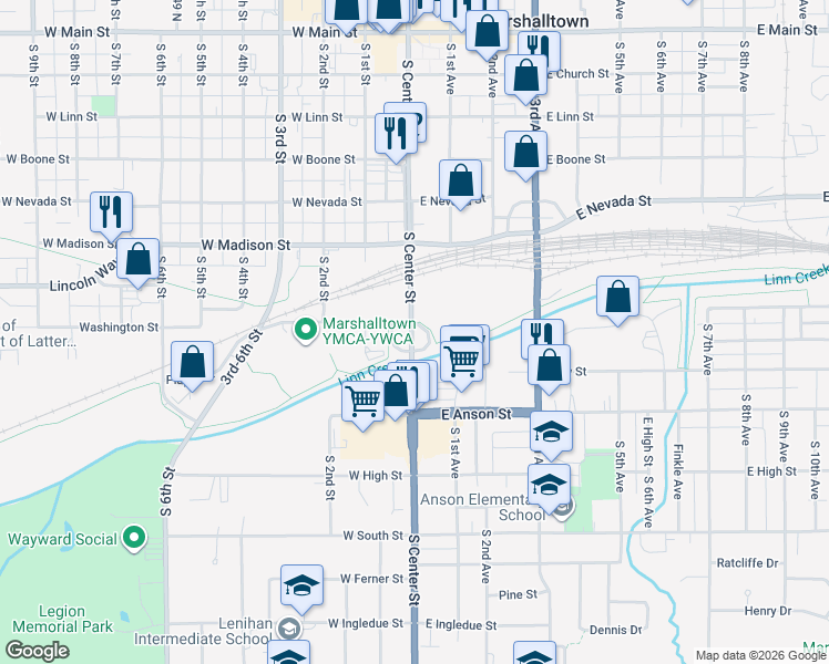 map of restaurants, bars, coffee shops, grocery stores, and more near in Marshalltown