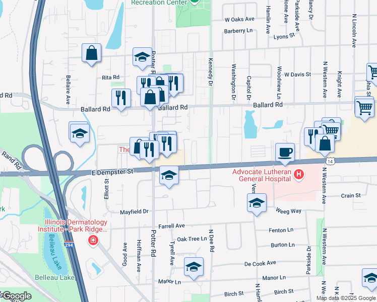 map of restaurants, bars, coffee shops, grocery stores, and more near 8809 Carleah Street in Des Plaines