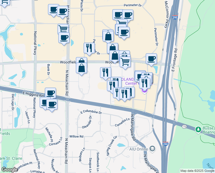 map of restaurants, bars, coffee shops, grocery stores, and more near 650 Mall Drive in Schaumburg