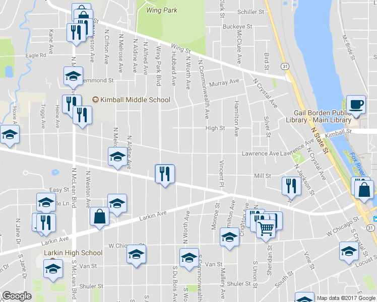 map of restaurants, bars, coffee shops, grocery stores, and more near 304 North Worth Avenue in Elgin
