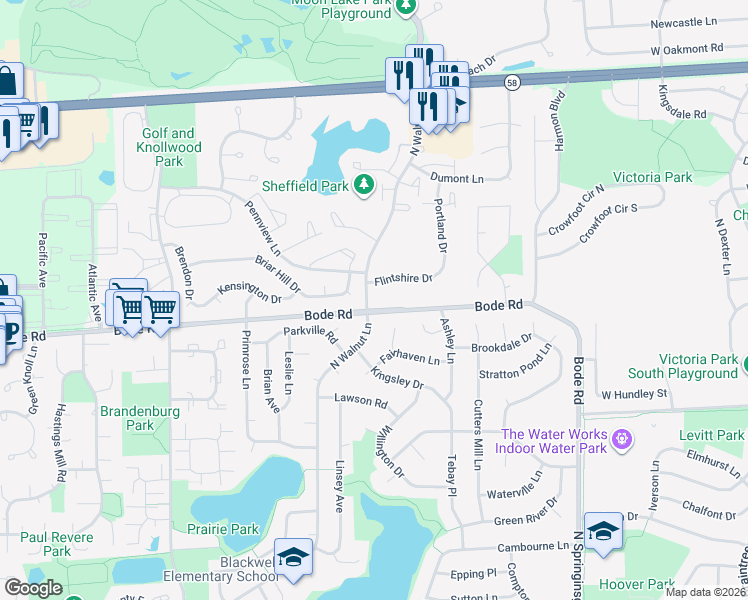 map of restaurants, bars, coffee shops, grocery stores, and more near 818 Dunbar Court in Schaumburg