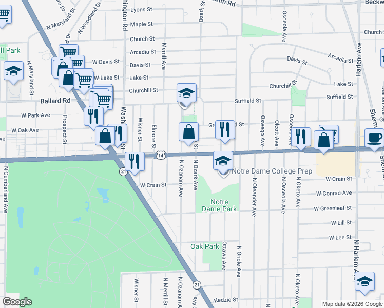 map of restaurants, bars, coffee shops, grocery stores, and more near 8803 North Ozanam Avenue in Niles