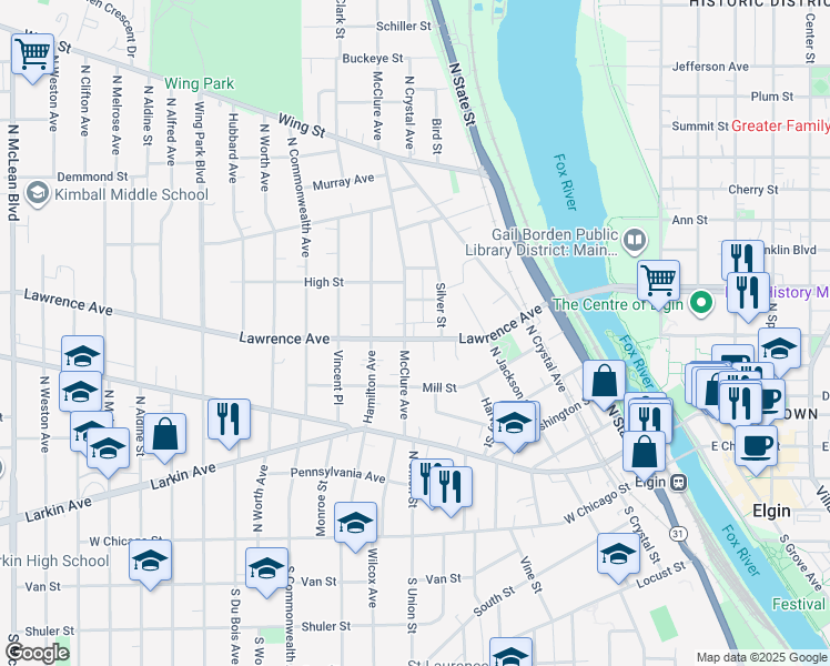map of restaurants, bars, coffee shops, grocery stores, and more near 520 Lawrence Avenue in Elgin