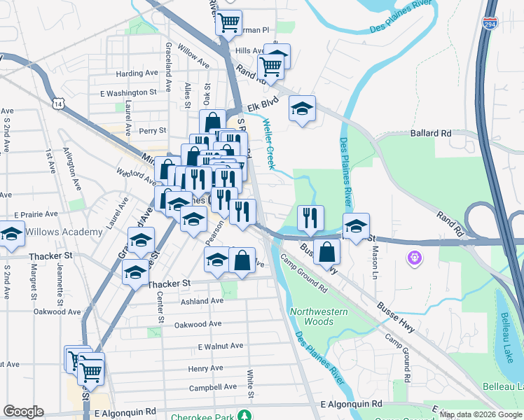 map of restaurants, bars, coffee shops, grocery stores, and more near 711 South River Road in Des Plaines