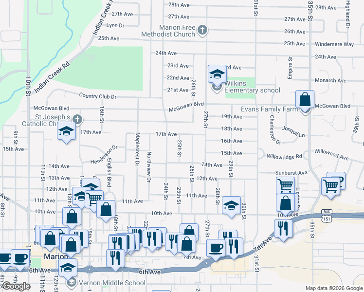 map of restaurants, bars, coffee shops, grocery stores, and more near 1535 25th Street in Marion