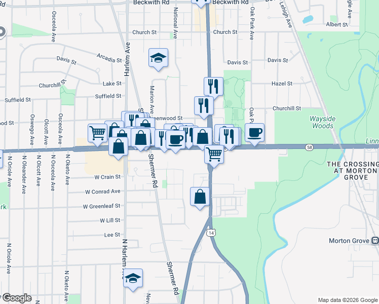 map of restaurants, bars, coffee shops, grocery stores, and more near 6959 West Dempster Street in Niles