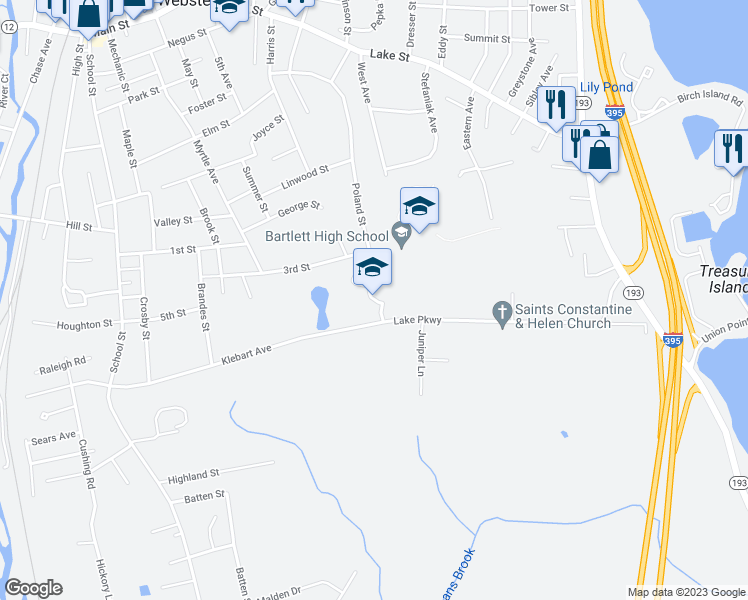 map of restaurants, bars, coffee shops, grocery stores, and more near 75 Poland Street in Webster