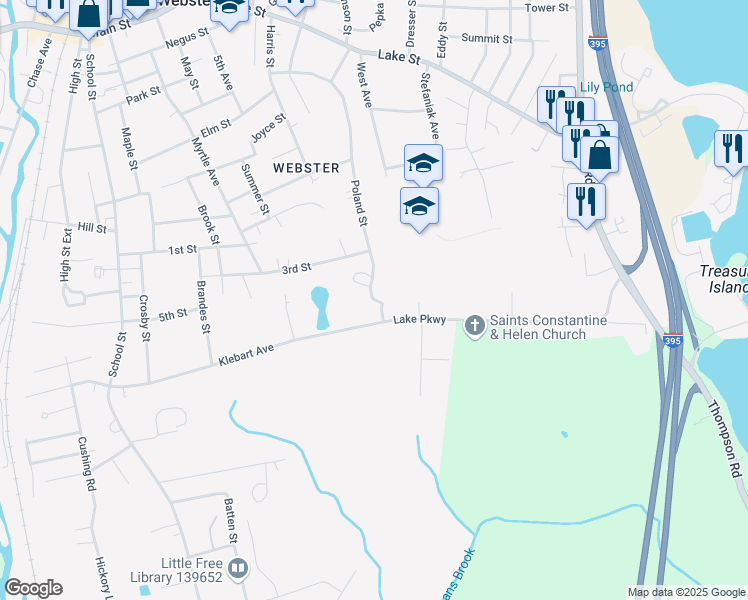 map of restaurants, bars, coffee shops, grocery stores, and more near 75 Poland Street in Webster