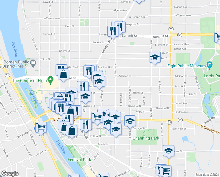 map of restaurants, bars, coffee shops, grocery stores, and more near 381 Park Street in Elgin