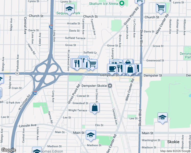 map of restaurants, bars, coffee shops, grocery stores, and more near 5101 Dempster Street in Skokie