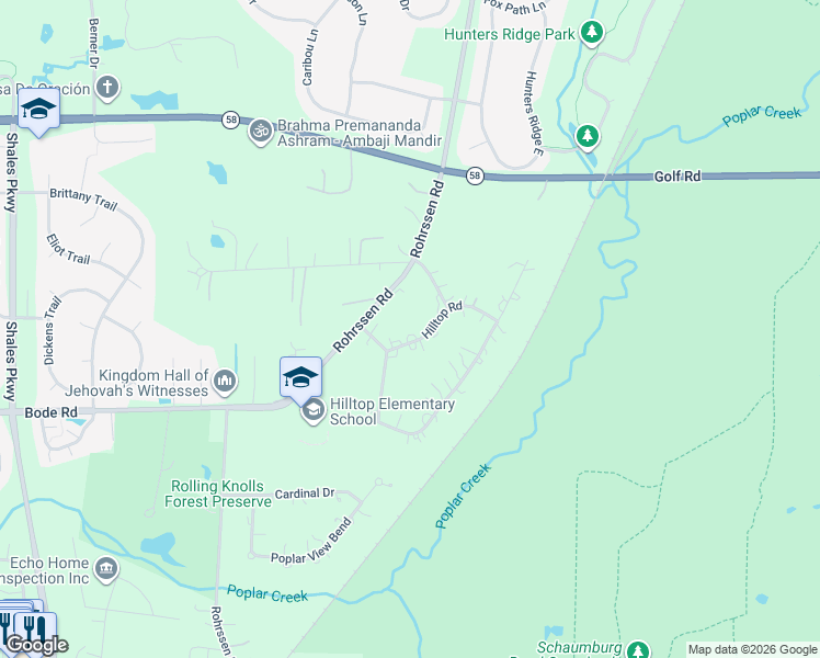 map of restaurants, bars, coffee shops, grocery stores, and more near 1770 Hilltop Rd in Elgin