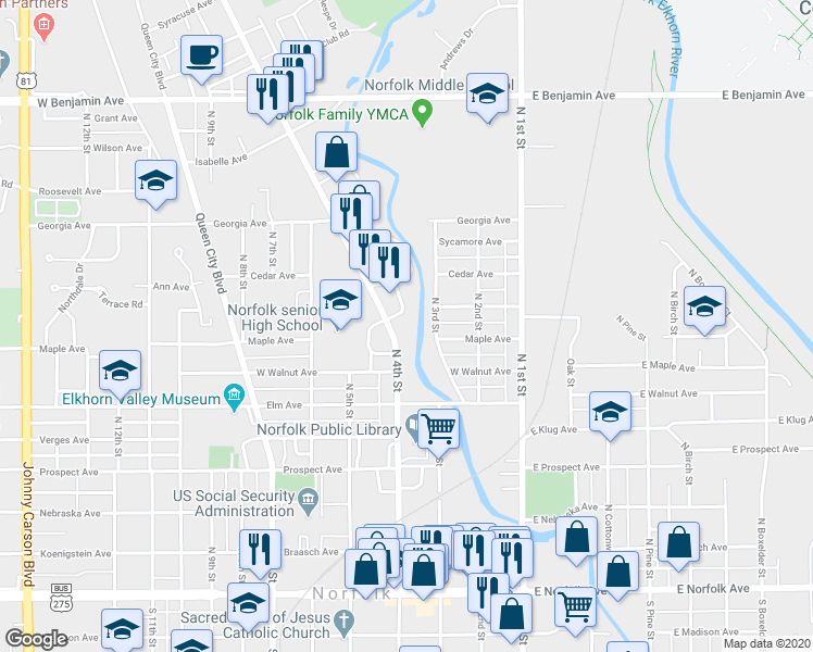 map of restaurants, bars, coffee shops, grocery stores, and more near 802 Riverside Boulevard in Norfolk