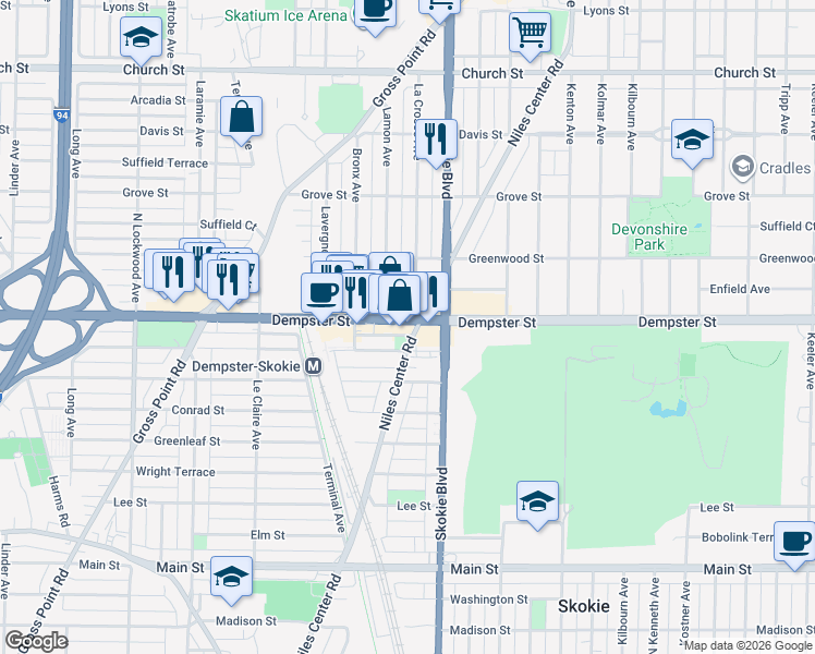map of restaurants, bars, coffee shops, grocery stores, and more near 4835 Dempster Street in Skokie