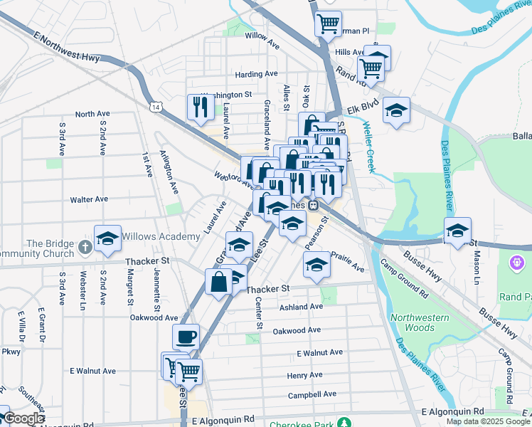 map of restaurants, bars, coffee shops, grocery stores, and more near 1384 East Prairie Avenue in Des Plaines