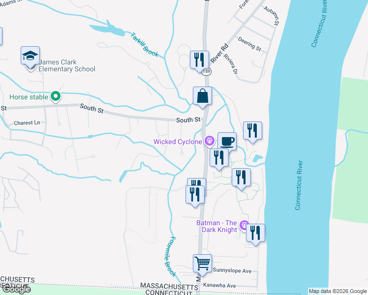 map of restaurants, bars, coffee shops, grocery stores, and more near 61 Mark Drive in Agawam