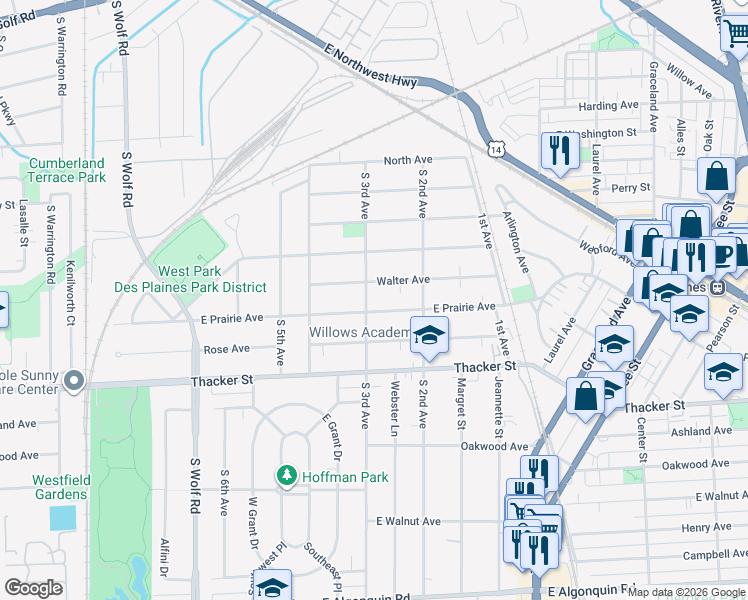map of restaurants, bars, coffee shops, grocery stores, and more near 683 South 3rd Avenue in Des Plaines