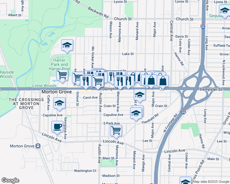 map of restaurants, bars, coffee shops, grocery stores, and more near 8727 Marmora Avenue in Morton Grove