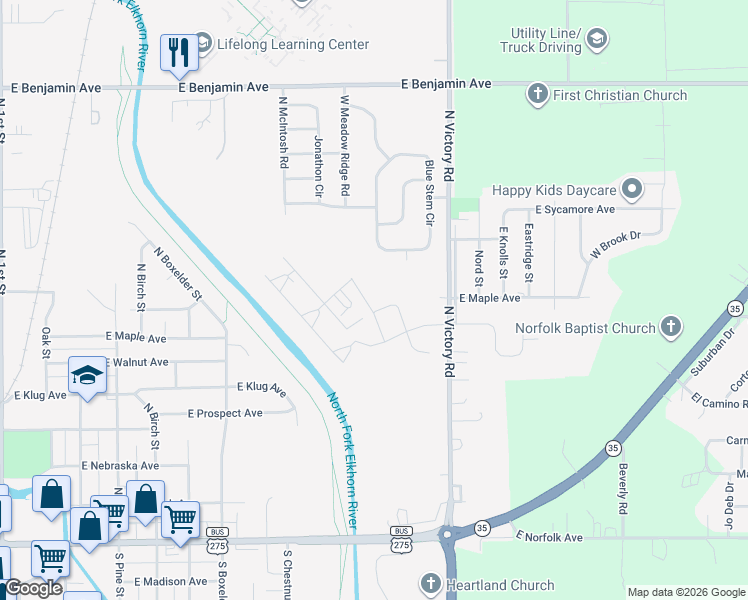 map of restaurants, bars, coffee shops, grocery stores, and more near 806 Blue Stem Circle in Norfolk