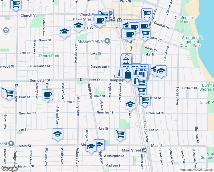map of restaurants, bars, coffee shops, grocery stores, and more near 1232 Maple Avenue in Evanston