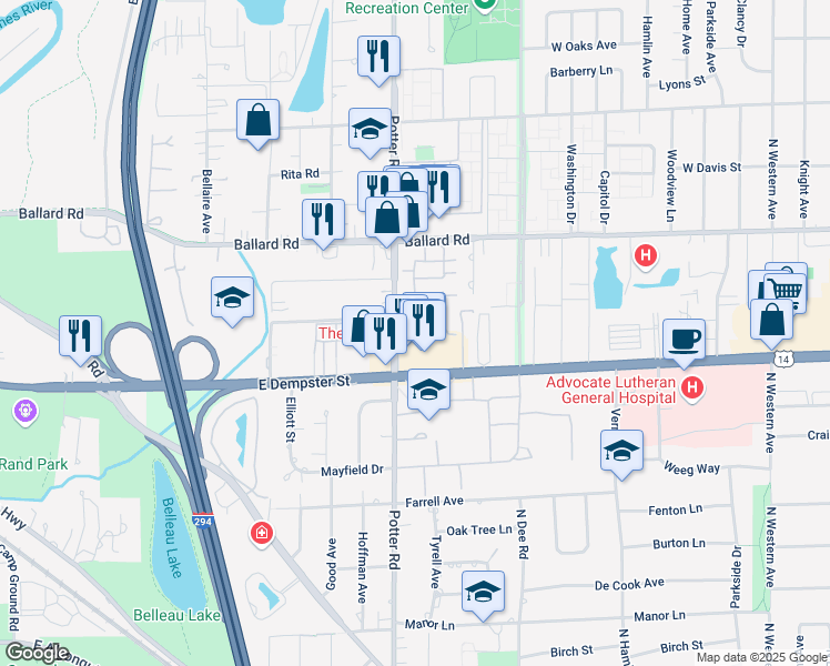 map of restaurants, bars, coffee shops, grocery stores, and more near 9377 Landings Lane in Des Plaines