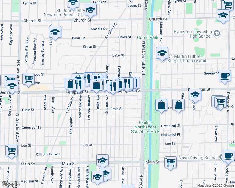 map of restaurants, bars, coffee shops, grocery stores, and more near 3415 Dempster Street in Skokie