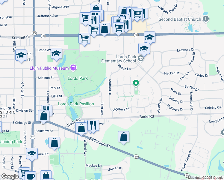 map of restaurants, bars, coffee shops, grocery stores, and more near 185 Mulford Drive in Elgin