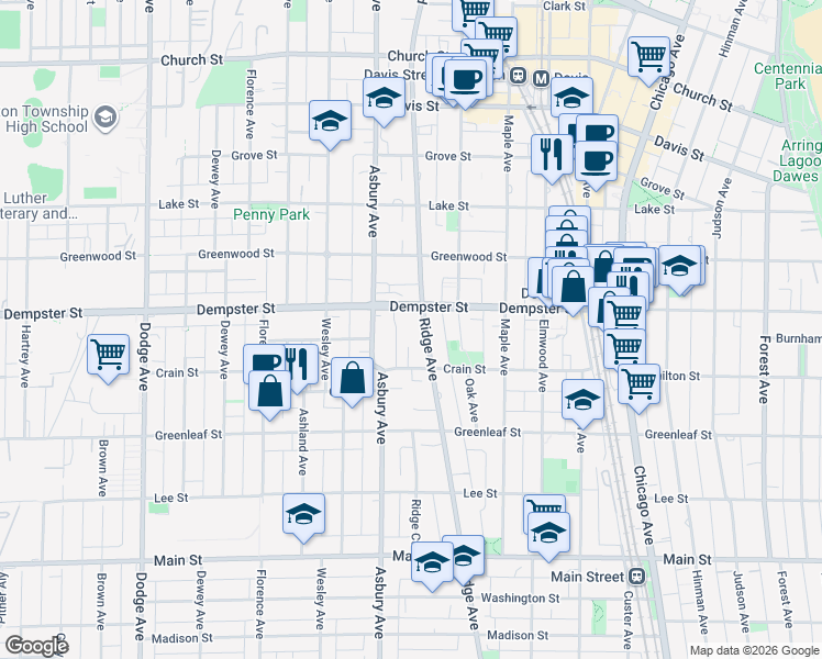 map of restaurants, bars, coffee shops, grocery stores, and more near in Evanston