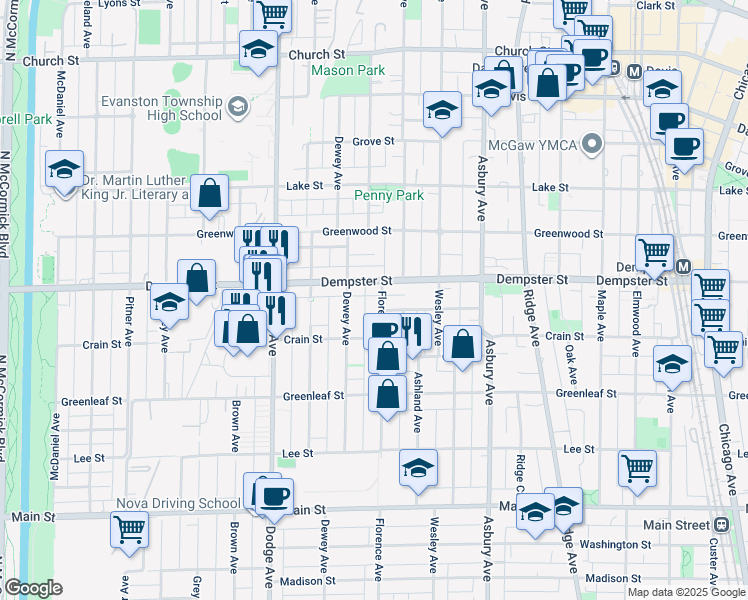 map of restaurants, bars, coffee shops, grocery stores, and more near 1535 Wilder Street in Evanston