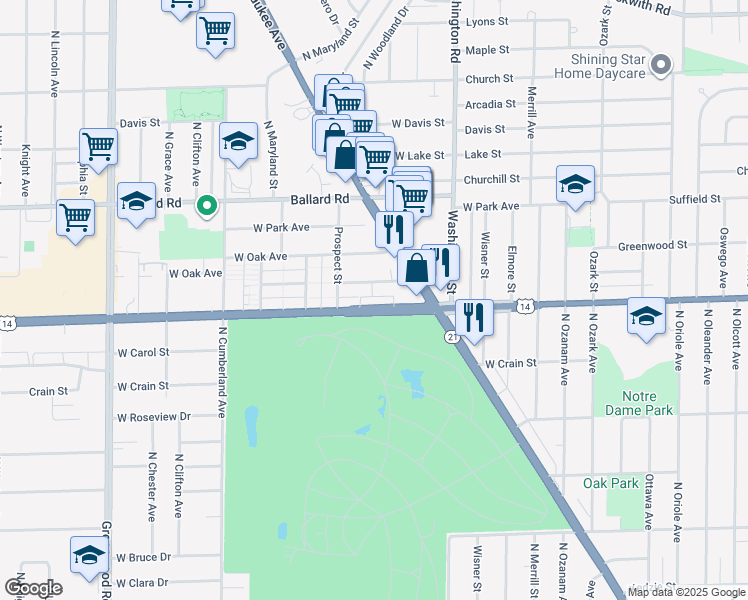 map of restaurants, bars, coffee shops, grocery stores, and more near 8120 Dempster Street in Niles