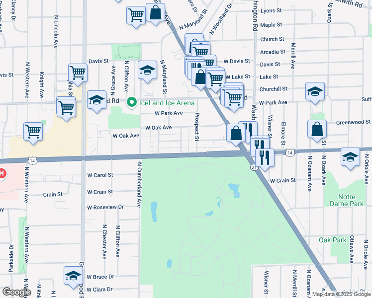map of restaurants, bars, coffee shops, grocery stores, and more near 8800 North Prospect Street in Niles