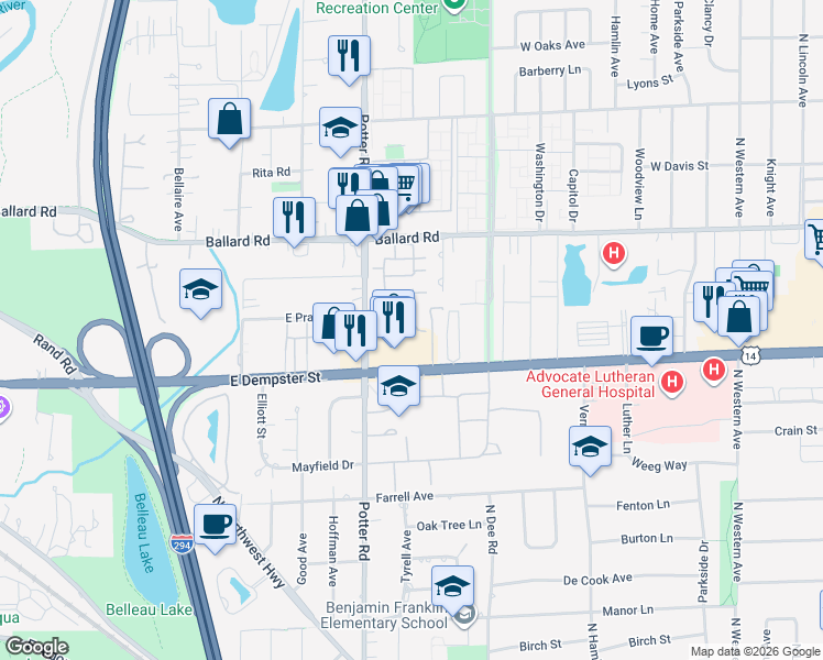 map of restaurants, bars, coffee shops, grocery stores, and more near 9357 Landings Lane in Des Plaines
