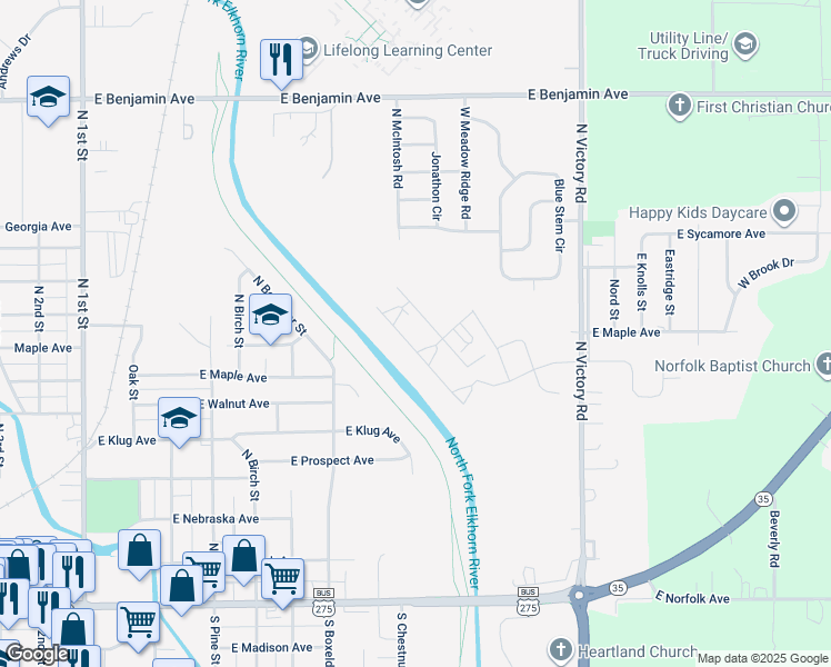map of restaurants, bars, coffee shops, grocery stores, and more near 900 Blue Stem Circle in Norfolk