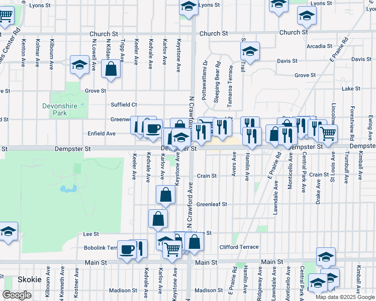 map of restaurants, bars, coffee shops, grocery stores, and more near 4007 Dempster Street in Skokie