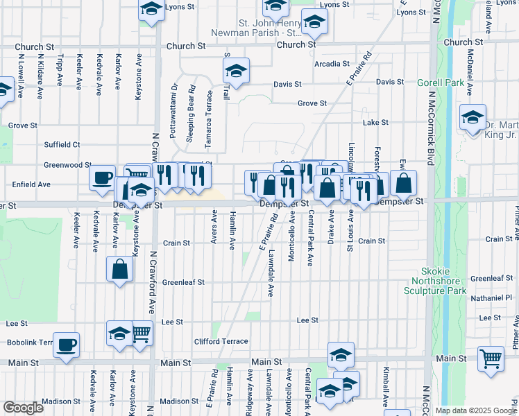 map of restaurants, bars, coffee shops, grocery stores, and more near 3727 Dempster Street in Skokie