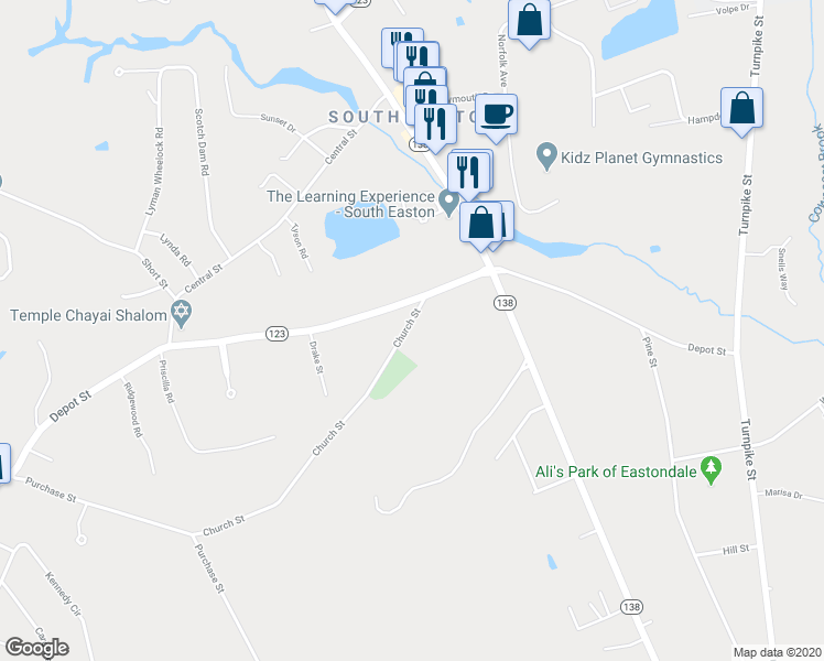 map of restaurants, bars, coffee shops, grocery stores, and more near 16 Church Street in Easton