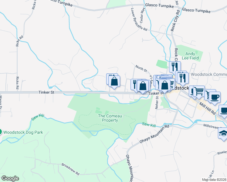 map of restaurants, bars, coffee shops, grocery stores, and more near 130 Tinker St in Woodstock