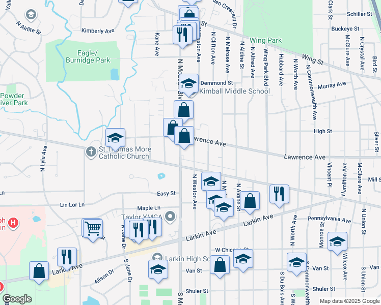 map of restaurants, bars, coffee shops, grocery stores, and more near 220 North Weston Avenue in Elgin