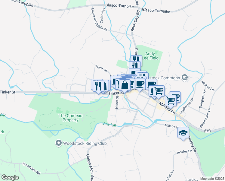 map of restaurants, bars, coffee shops, grocery stores, and more near 76 Tinker Street in Woodstock