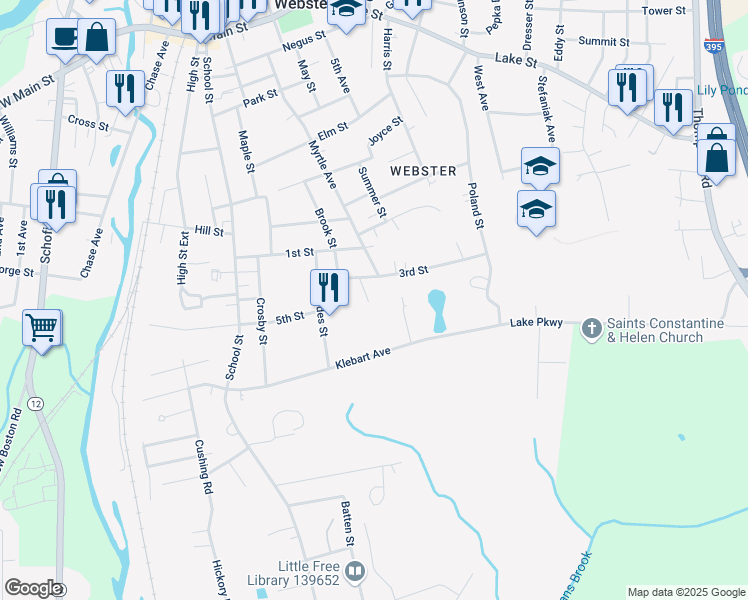 map of restaurants, bars, coffee shops, grocery stores, and more near 6 Vine Street in Webster