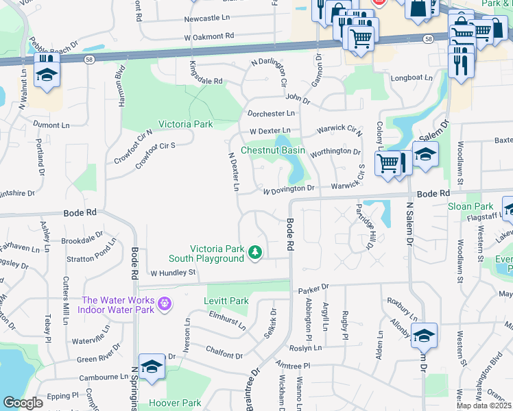 map of restaurants, bars, coffee shops, grocery stores, and more near 655 Wainsford Drive in Hoffman Estates