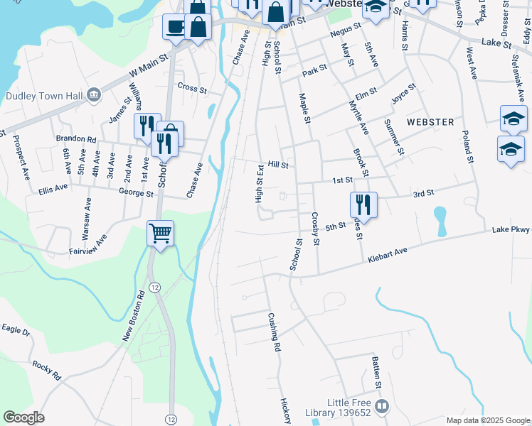 map of restaurants, bars, coffee shops, grocery stores, and more near 30 Highcrest Park in Webster