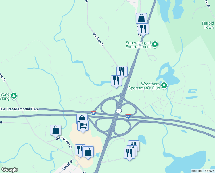 map of restaurants, bars, coffee shops, grocery stores, and more near 30 Ledgeview Way in Wrentham
