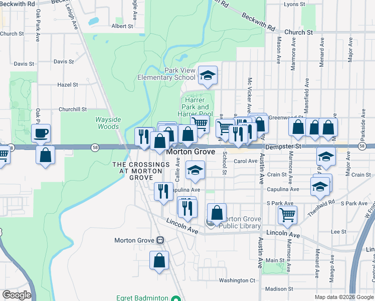 map of restaurants, bars, coffee shops, grocery stores, and more near 6229 West Dempster Street in Morton Grove